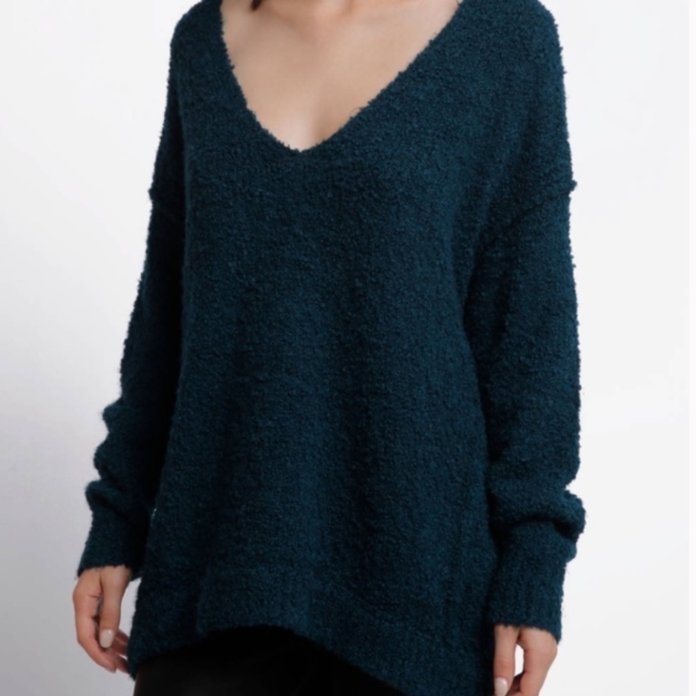 Free People Chunky Knit Lofty V-Neck Sweater Green Size XS Alpaca Wool Bohemian